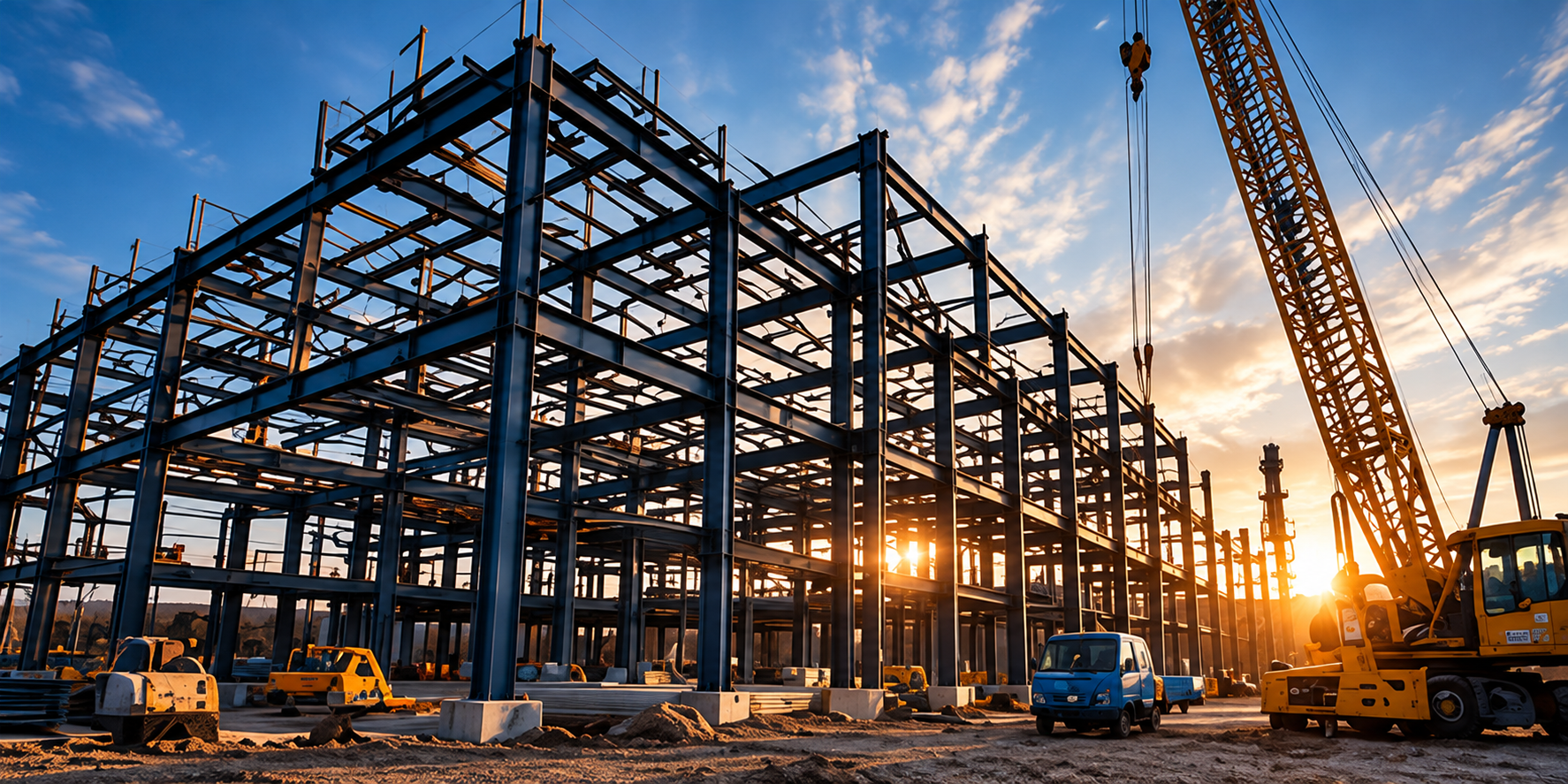 Estructura de acero en construcción al atardecer