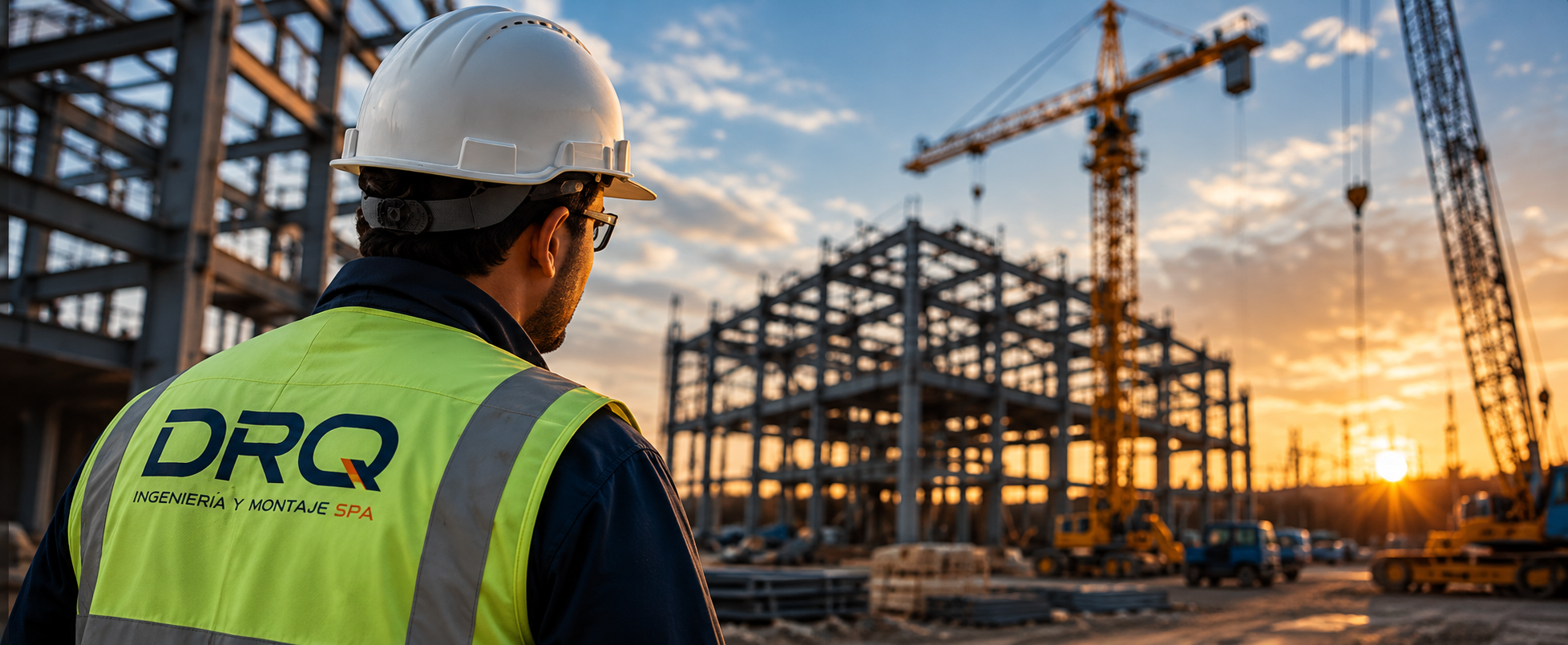 Supervisor observando una estructura en construcción al atardecer